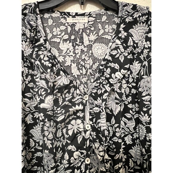 PANEROS Chloe Shirt Midnight Garden Black/White Floral Ruffle Neckline Preppy L - Picture 5 of 9